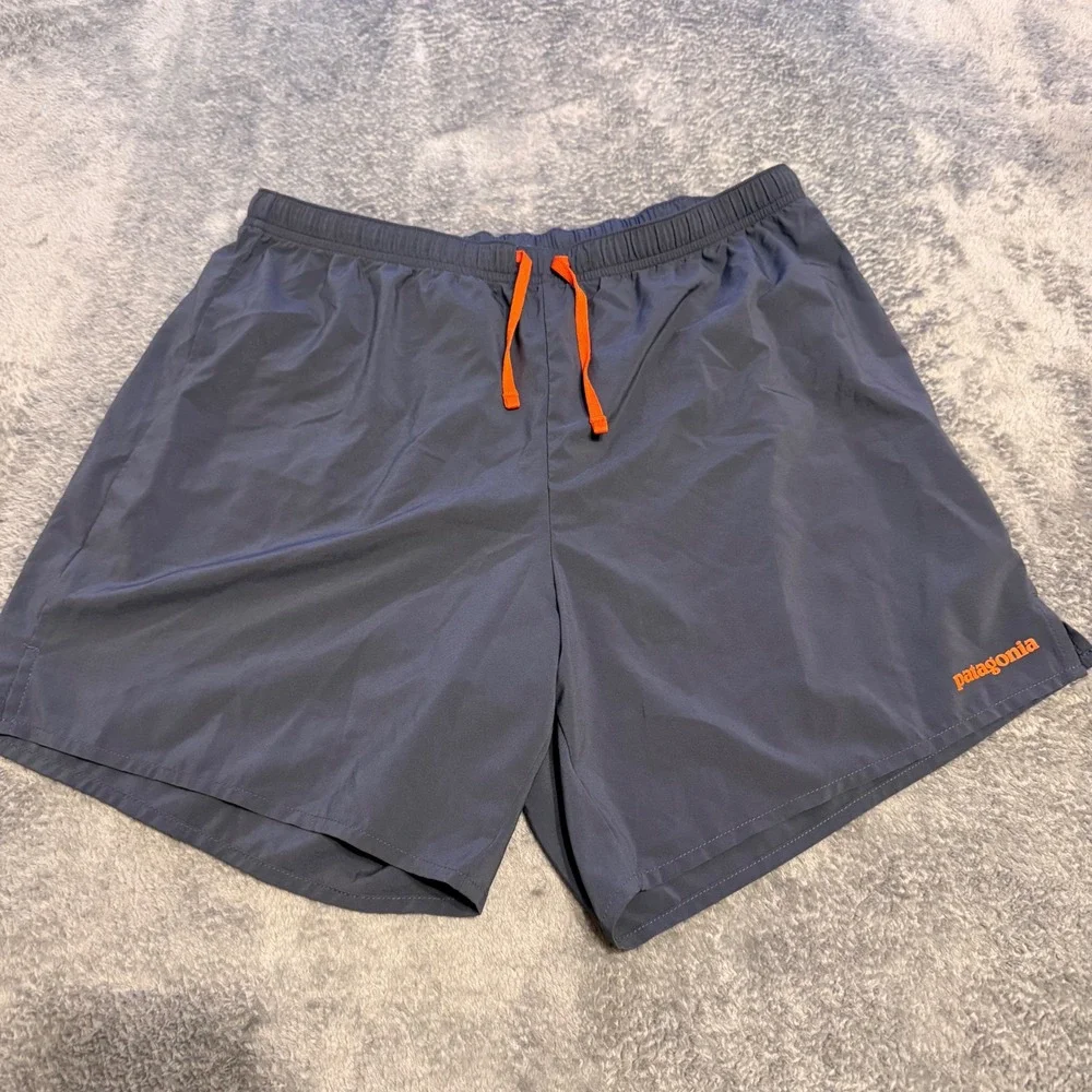 Patagonia Nine Trails Mens Running Shorts Grey Orange Drawstring Size Large